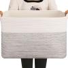 imageOIAHOMY 65L Blanket Basket Cotton Rope Woven Blanket storage for Living Room Rectangle Woven Baskets for Storage 201612 Brown and WhiteBlack and White