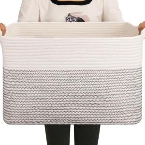 imageOIAHOMY 65L Blanket Basket Cotton Rope Woven Blanket storage for Living Room Rectangle Woven Baskets for Storage 201612 Brown and WhiteBlack and White