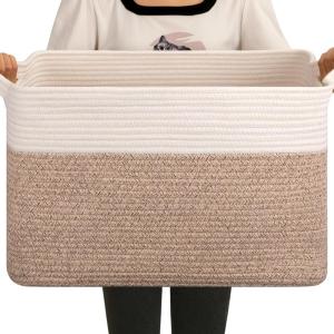 imageOIAHOMY 65L Blanket Basket Cotton Rope Woven Blanket storage for Living Room Rectangle Woven Baskets for Storage 201612 Brown and WhiteBrown and White