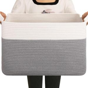 imageOIAHOMY 65L Blanket Basket Cotton Rope Woven Blanket storage for Living Room Rectangle Woven Baskets for Storage 201612 Brown and WhiteGrey and White