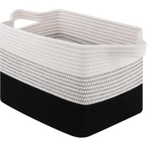 imageOIAHOMY Cotton Rope Storage Basket for Shelves Baskets for Organizing Rectangle Storage Bins with Handles Woven Toy Baskets for Nursery Room 13985quot87quot BrownWhite Black