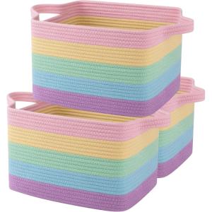 imageOIAHOMY Storage Basket Woven Baskets for Storage Cotton Rope Basket for toysTowel Baskets for Bathroom  Pack of 3 Gradient YellowRainbow Pastel