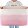 imageOIAHOMY 108L Super Large Blanket Basket 25x16x16108L Rectangle Woven Baskets for Storage Cotton Rope Basket For Living Room Toy Storage with Handle Gradient BrownPinkWhite