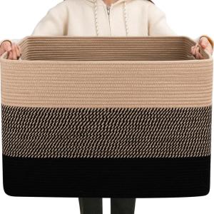 imageOIAHOMY 108L Super Large Blanket Basket 25x16x16108L Rectangle Woven Baskets for Storage Cotton Rope Basket For Living Room Toy Storage with Handle Gradient BrownYellow and Black