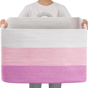 imageOIAHOMY 108L Super Large Blanket Basket 25x16x16108L Rectangle Woven Baskets for Storage Cotton Rope Basket For Living Room Toy Storage with Handle Gradient BrownGradient Pink