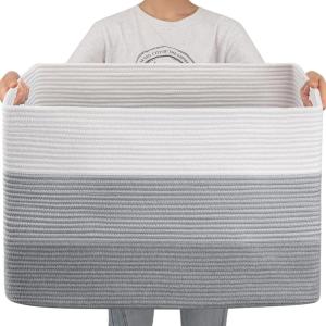 imageOIAHOMY 108L Super Large Blanket Basket 25x16x16108L Rectangle Woven Baskets for Storage Cotton Rope Basket For Living Room Toy Storage with Handle Gradient BrownGradient Grey