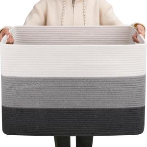 imageOIAHOMY 108L Super Large Blanket Basket 25x16x16108L Rectangle Woven Baskets for Storage Cotton Rope Basket For Living Room Toy Storage with Handle Gradient BrownGradient Dark Grey