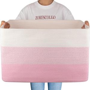 imageOIAHOMY 108L Super Large Blanket Basket 25x16x16108L Rectangle Woven Baskets for Storage Cotton Rope Basket For Living Room Toy Storage with Handle Gradient BrownPinkWhite