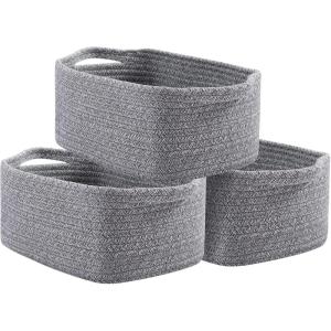 imageOIAHOMY Cotton Rope Baskets Woven Baskets for Storage Nursery Storage Baskets Rectangle Storage Basket with Handles Storage Baskets for Shelves Pack of 3 Gray VariegatedGray Variegated