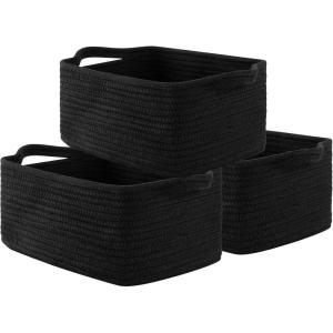imageOIAHOMY Cotton Rope Baskets Woven Baskets for Storage Nursery Storage Baskets Rectangle Storage Basket with Handles Storage Baskets for Shelves Pack of 3 Gray VariegatedBlack