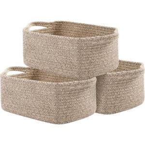 imageOIAHOMY Cotton Rope Baskets Woven Baskets for Storage Nursery Storage Baskets Rectangle Storage Basket with Handles Storage Baskets for Shelves Pack of 3 Gray VariegatedBrown Variegated