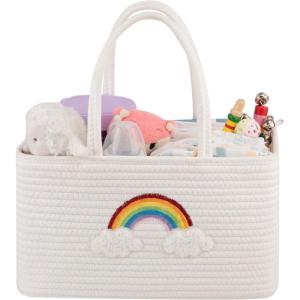 imageOIAHOMY Diaper Caddy Organizer for Baby Portable Baby Basket with Handles Baby Gift Basket for Newborn Diaper storage Organizer for Changing Table and Car BrownPure White