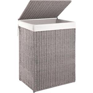 imageOIAHOMY Laundry Hamper with Lid 238 Gal 90L Wicker Hamper with Removable Liner Bags Handwoven Clothes Basket with Handles Foldable Woven Paper Rope Basket for Laundry Room BedroomBrownGrey