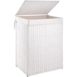 imageOIAHOMY Laundry Hamper with Lid 238 Gal 90L Wicker Hamper with Removable Liner Bags Handwoven Clothes Basket with Handles Foldable Woven Paper Rope Basket for Laundry Room BedroomBrownWhite