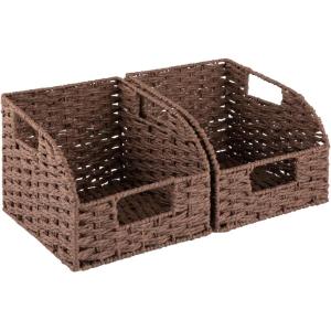 imageOIAHOMY Pantry Baskets for Organizing Paper Rope Baskets with Builtin Handles Wicker Storage Bins for Shelves 2 PackBrownBrown