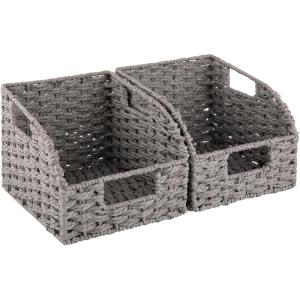 imageOIAHOMY Pantry Baskets for Organizing Paper Rope Baskets with Builtin Handles Wicker Storage Bins for Shelves 2 PackBrownGrey