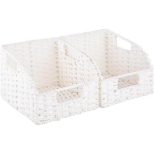 imageOIAHOMY Pantry Baskets for Organizing Paper Rope Baskets with Builtin Handles Wicker Storage Bins for Shelves 2 PackBrownWhite