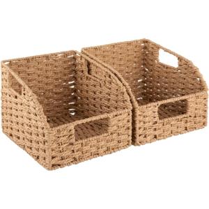 imageOIAHOMY Pantry Baskets for Organizing Paper Rope Baskets with Builtin Handles Wicker Storage Bins for Shelves 2 PackBrownYellow
