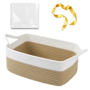 imageOIAHOMY Small Basket with Handles Cotton Rope Dog Cat Toy Bin Woven Storage Baskets for Living Room Nursery Gift Basket Empty for Halloween Christmas 135quotx10quotx6quot Grey ampamp WhiteWhite  Yellow