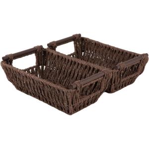 imageOIAHOMY Storage Baskets Small Paper Rope Wicker Organizers with Wooden Handles Baskets for Organizing 2Pack WhiteBrown