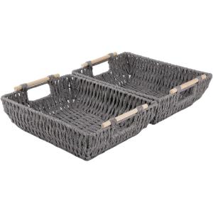 imageOIAHOMY Storage Baskets Small Paper Rope Wicker Organizers with Wooden Handles Baskets for Organizing 2Pack WhiteGrey