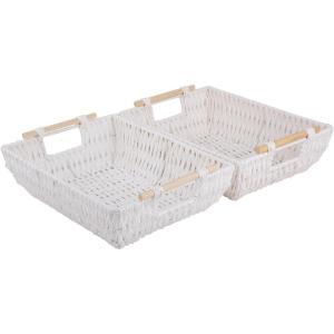 imageOIAHOMY Storage Baskets Small Paper Rope Wicker Organizers with Wooden Handles Baskets for Organizing 2Pack WhiteWhite