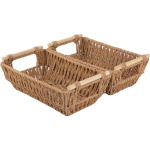 imageOIAHOMY Storage Baskets Small Paper Rope Wicker Organizers with Wooden Handles Baskets for Organizing 2Pack WhiteYellow