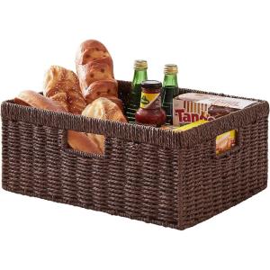 imageOIAHOMY Wicker Basket Paper Shelf Basket with Builtin Handles Rectangular Wicker Storage Bin for Pantry Shelves 1 PackYellowBrown
