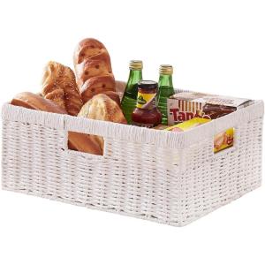 imageOIAHOMY Wicker Basket Paper Shelf Basket with Builtin Handles Rectangular Wicker Storage Bin for Pantry Shelves 1 PackYellowWhite
