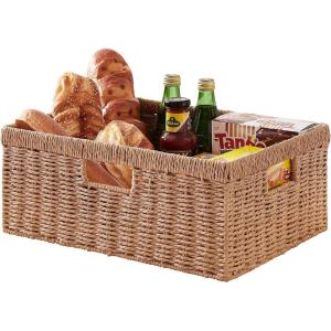 imageOIAHOMY Wicker Basket Paper Shelf Basket with Builtin Handles Rectangular Wicker Storage Bin for Pantry Shelves 1 PackYellowYellow