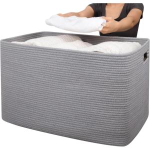 imageOIAHOMY 118L XXXLarge Cotton Rope Storage Basket Oversized Blanket Basket Used for Organizing Dirty Clothes in Living Room Bedroom Nursery Dog Toy Storage Bins 25quot x 17quot x 16quotWhiteGrey