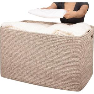 imageOIAHOMY 118L XXXLarge Cotton Rope Storage Basket Oversized Blanket Basket Used for Organizing Dirty Clothes in Living Room Bedroom Nursery Dog Toy Storage Bins 25quot x 17quot x 16quotWhiteBrown