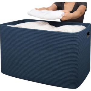 imageOIAHOMY 118L XXXLarge Cotton Rope Storage Basket Oversized Blanket Basket Used for Organizing Dirty Clothes in Living Room Bedroom Nursery Dog Toy Storage Bins 25quot x 17quot x 16quotWhiteBlue