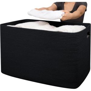 imageOIAHOMY 118L XXXLarge Cotton Rope Storage Basket Oversized Blanket Basket Used for Organizing Dirty Clothes in Living Room Bedroom Nursery Dog Toy Storage Bins 25quot x 17quot x 16quotWhiteBlack