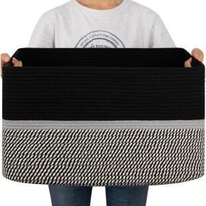imageOIAHOMY 75L Laundry Basket Extra Large Toy Storage Basket Rectangle Cotton Rope Storage Basket Blanket Basket Living Room Woven Baskets for Storage 22 x 17 x 12 InchesBlackWhite