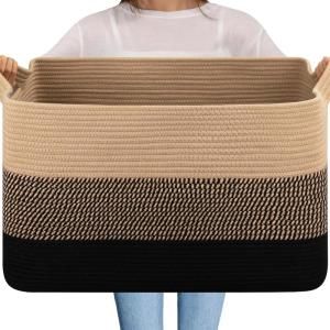 imageOIAHOMY Extra Large Blanket Basket 95L Cotton Rope Woven Laundry Basket Toy Bin for Baby Room Container for Blanket Storage in Living Room 241714 Gradient GreyBrown  Black