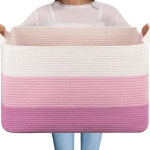 imageOIAHOMY Extra Large Blanket Basket 95L Cotton Rope Woven Laundry Basket Toy Bin for Baby Room Container for Blanket Storage in Living Room 241714 Gradient GreyGradient Pink