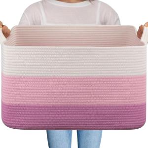 imageOIAHOMY Large Storage Basket Cotton Rope Woven Blanket Basket Toy Bin for Baby Room Container for Blanket Storage in Living Room 201612 Gradient BrownGradient Pink