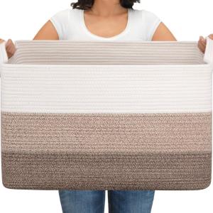 imageOIAHOMY Large Storage Basket Cotton Rope Woven Blanket Basket Toy Bin for Baby Room Container for Blanket Storage in Living Room 201612 Gradient BrownBrown
