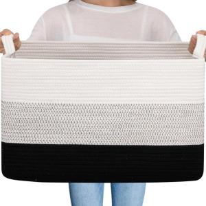 imageOIAHOMY Large Storage Basket Cotton Rope Woven Blanket Basket Toy Bin for Baby Room Container for Blanket Storage in Living Room 201612 Gradient BrownGradient Black