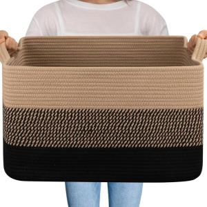 imageOIAHOMY Large Storage Basket Cotton Rope Woven Blanket Basket Toy Bin for Baby Room Container for Blanket Storage in Living Room 201612 Gradient BrownBrown  Black