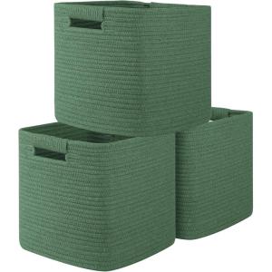imageOIAHOMY Storage Cubes 11 Inch Storage Bins3Pack Cotton Rope Woven Baskets for Organizing Square Storage Baskets for Shelves Organizer Classroom Kids Toy Bins Closet Baby NurseryBrownGreen