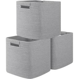 imageOIAHOMY Storage Cubes 11 Inch Storage Bins3Pack Cotton Rope Woven Baskets for Organizing Square Storage Baskets for Shelves Organizer Classroom Kids Toy Bins Closet Baby NurseryBrownGrey