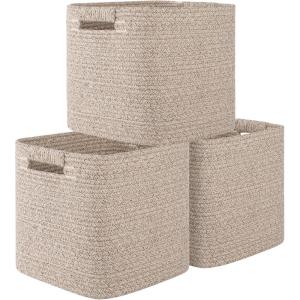 imageOIAHOMY Storage Cubes 11 Inch Storage Bins3Pack Cotton Rope Woven Baskets for Organizing Square Storage Baskets for Shelves Organizer Classroom Kids Toy Bins Closet Baby NurseryBrownBrown