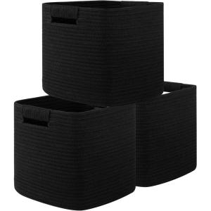imageOIAHOMY Storage Cubes 11 Inch Storage Bins3Pack Cotton Rope Woven Baskets for Organizing Square Storage Baskets for Shelves Organizer Classroom Kids Toy Bins Closet Baby NurseryBrownBlack