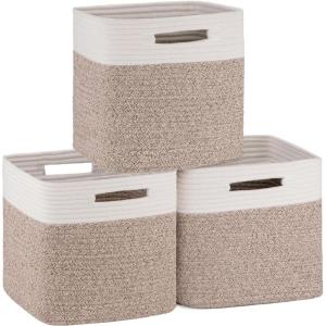 imageOIAHOMY Storage Cubes 11 Inch Storage Bins3Pack Cotton Rope Woven Baskets for Organizing Square Storage Baskets for Shelves Organizer Classroom Kids Toy Bins Closet Baby NurseryBrownWhite  Brown