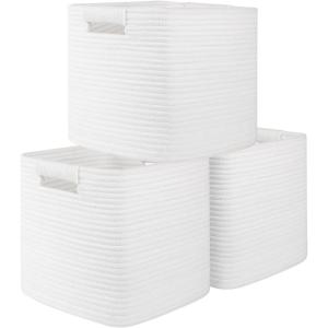 imageOIAHOMY Storage Cubes 11 Inch Storage Bins3Pack Cotton Rope Woven Baskets for Organizing Square Storage Baskets for Shelves Organizer Classroom Kids Toy Bins Closet Baby NurseryBrownWhite