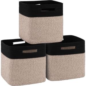 imageOIAHOMY Storage Cubes 11 Inch Storage Bins3Pack Cotton Rope Woven Baskets for Organizing Square Storage Baskets for Shelves Organizer Classroom Kids Toy Bins Closet Baby NurseryBrownBlack  Brown