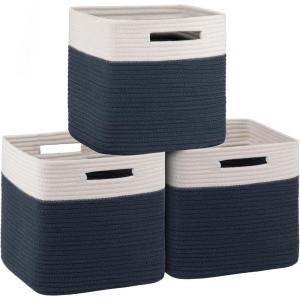 imageOIAHOMY Storage Cubes 11 Inch Storage Bins3Pack Cotton Rope Woven Baskets for Organizing Square Storage Baskets for Shelves Organizer Classroom Kids Toy Bins Closet Baby NurseryBrownWhite  Blue