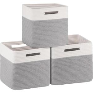 imageOIAHOMY Storage Cubes 11 Inch Storage Bins3Pack Cotton Rope Woven Baskets for Organizing Square Storage Baskets for Shelves Organizer Classroom Kids Toy Bins Closet Baby NurseryBrownWhite  Grey